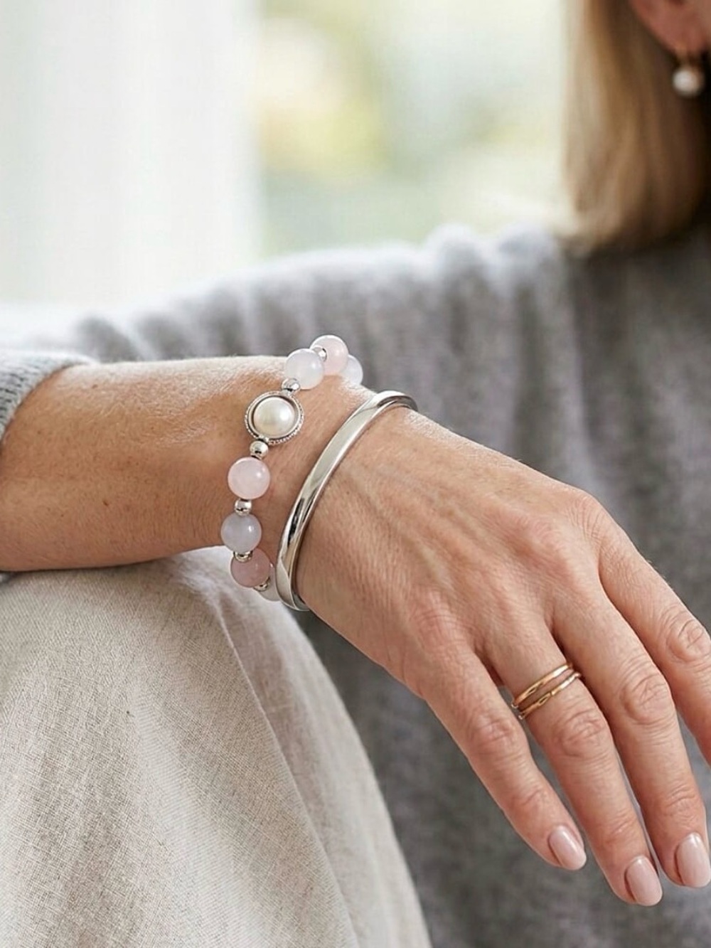 Lab Created White Cat Eye & Rose Quartz Beaded Stretch Bracelet - Silver Accents